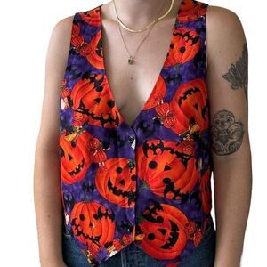 Vintage 1990s Halloween Holiday Pumpkin Fall Harvest Witch Vest Waistcoat Sz L